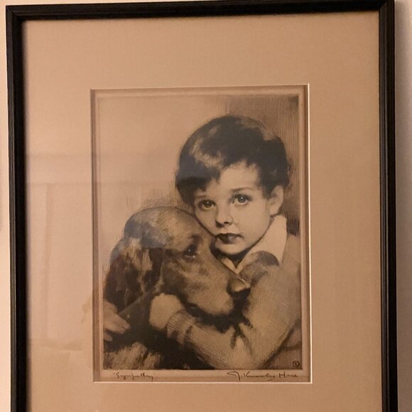 J. Knowles Hare Signed Etching "Sympathy" Boy and Dog Irish Setter or Retriever - Picture 1 of 10